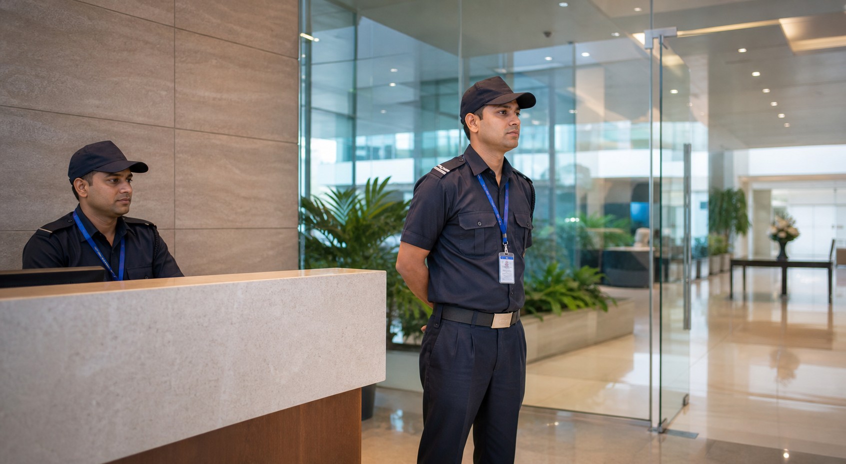 Professional security personnel at a corporate entrance